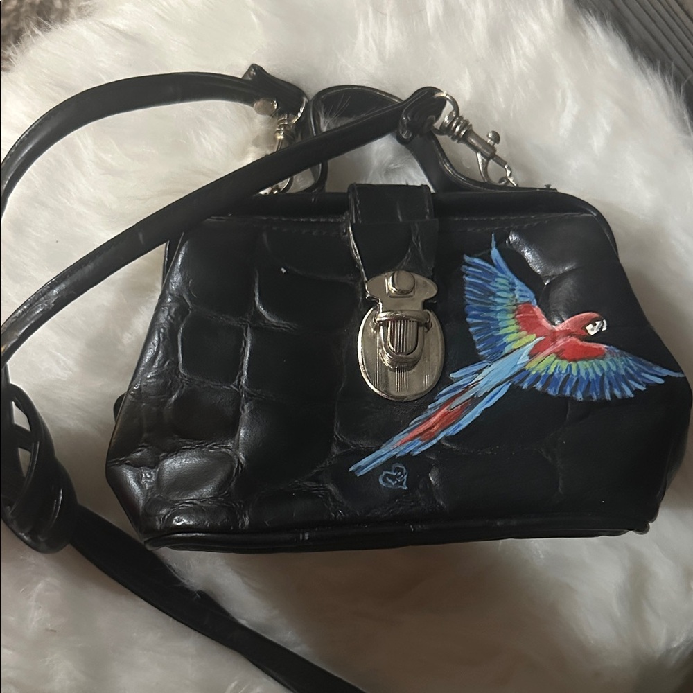 Black Leather Bag with Parrot Design